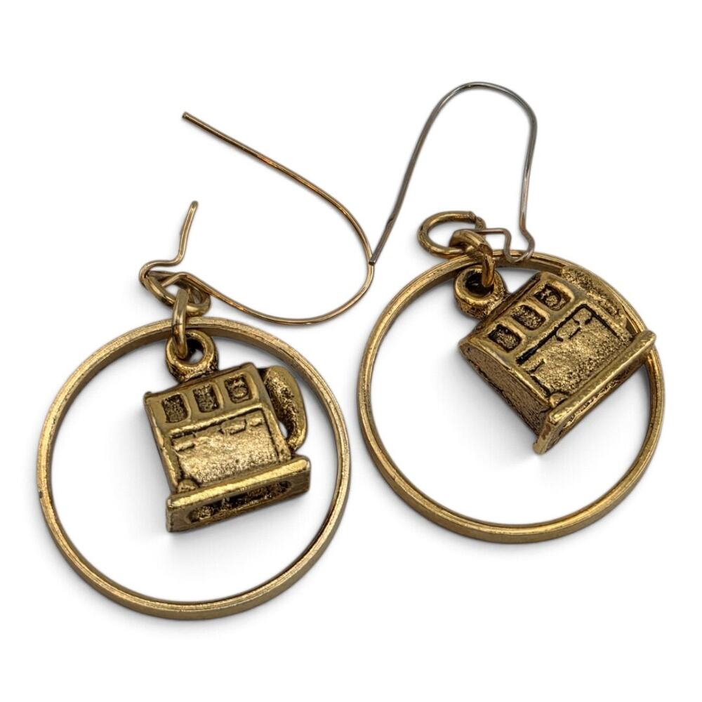 Vintage Petite Gold Tone Cash Register Hoop Earrings Locking French Hooks